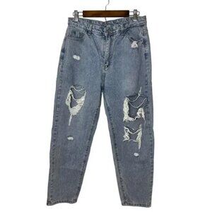 Shien blue jeans women's large distressed light wash mom style high waisted